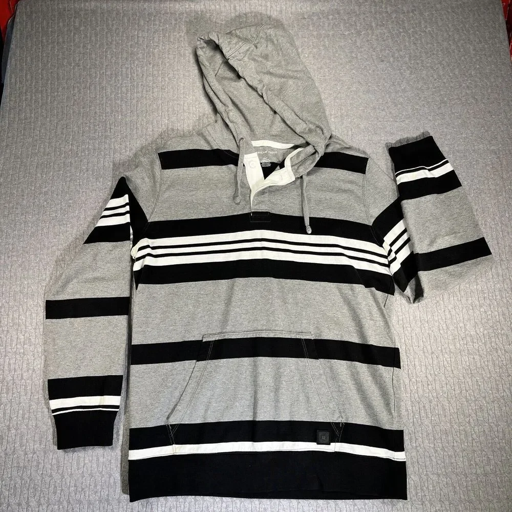 AMERICAN EAGLE thick‎ striped Y2K 90s mens hoodie size L black, and gray